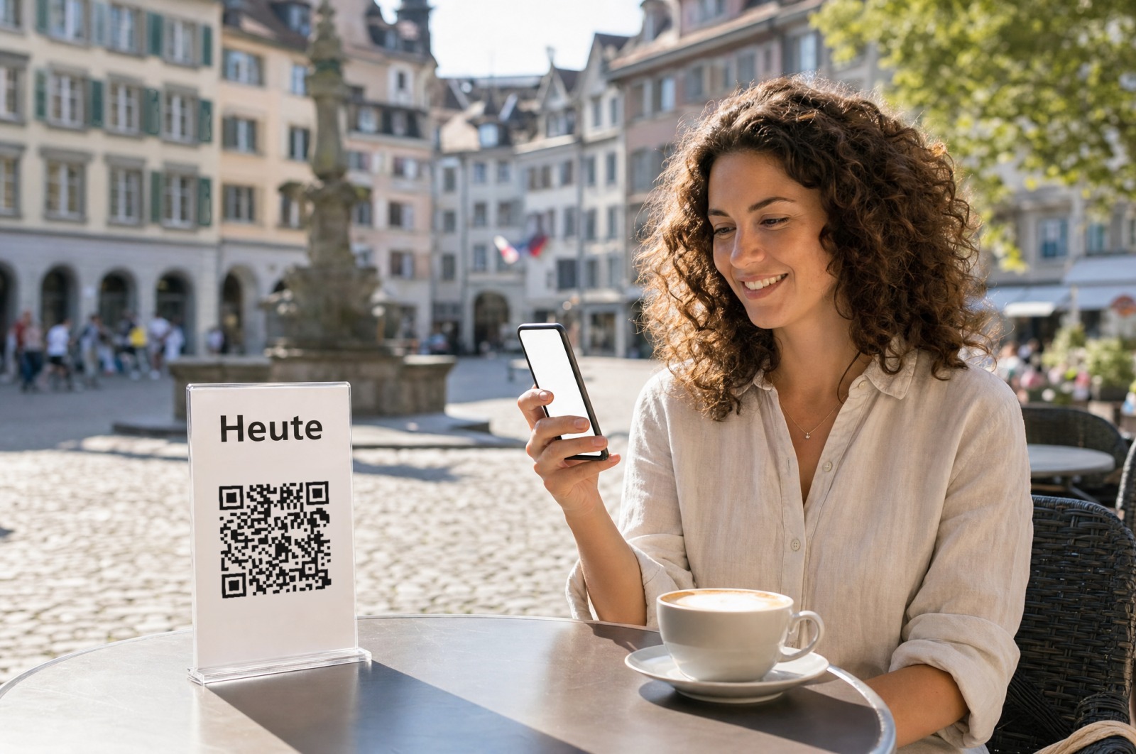 A woman at a café table in an old town scans the table card “Heute” with her phone.
