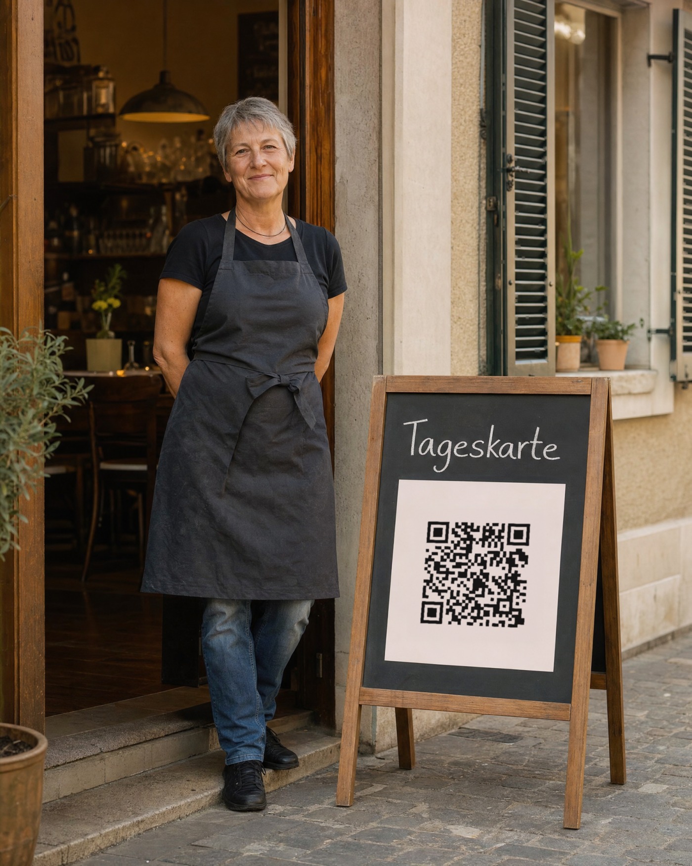 A restaurant owner stands in her doorway next to the “Tageskarte” board carrying the code.