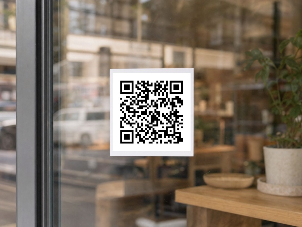 A square sticker on the glass of a shop door, carrying the code