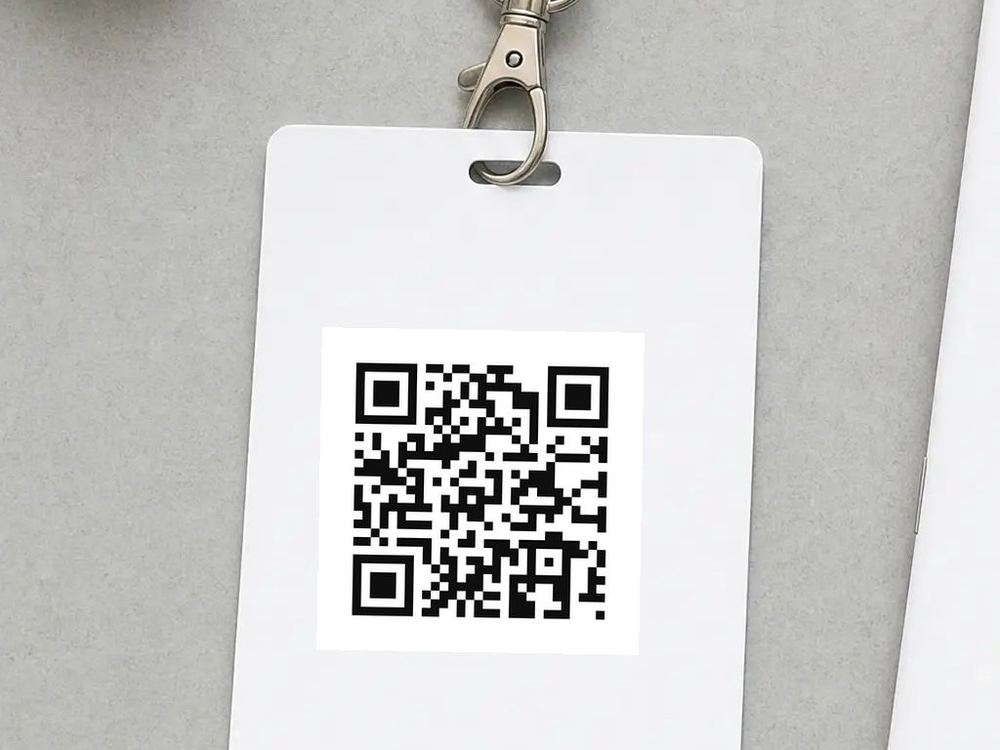 An event badge on a lanyard, carrying the code