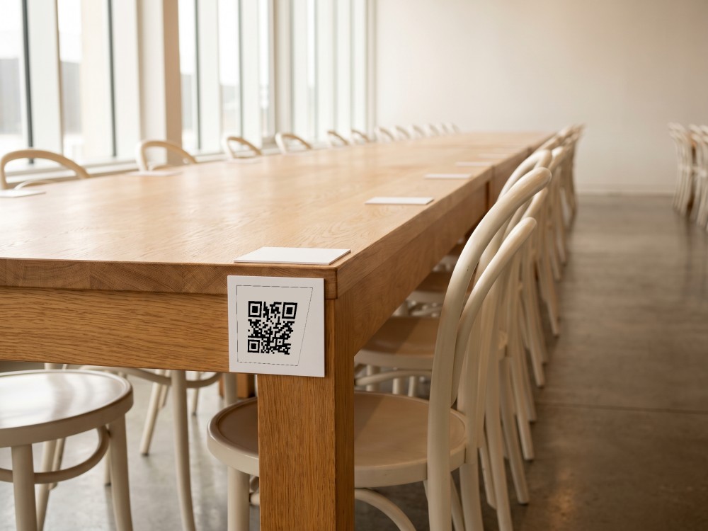 A long table with labels stuck along its edge at even spacing