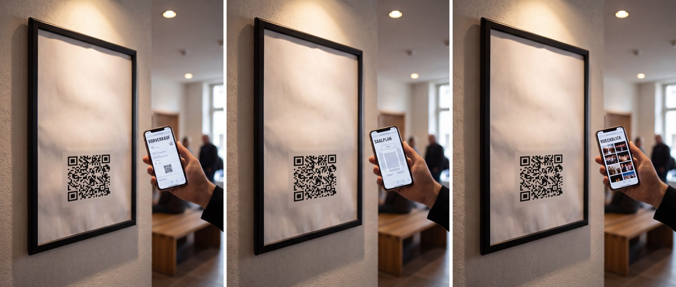 The same snap frame in the foyer three times — advance sales, seating plan, look back — carrying the identical code in all three