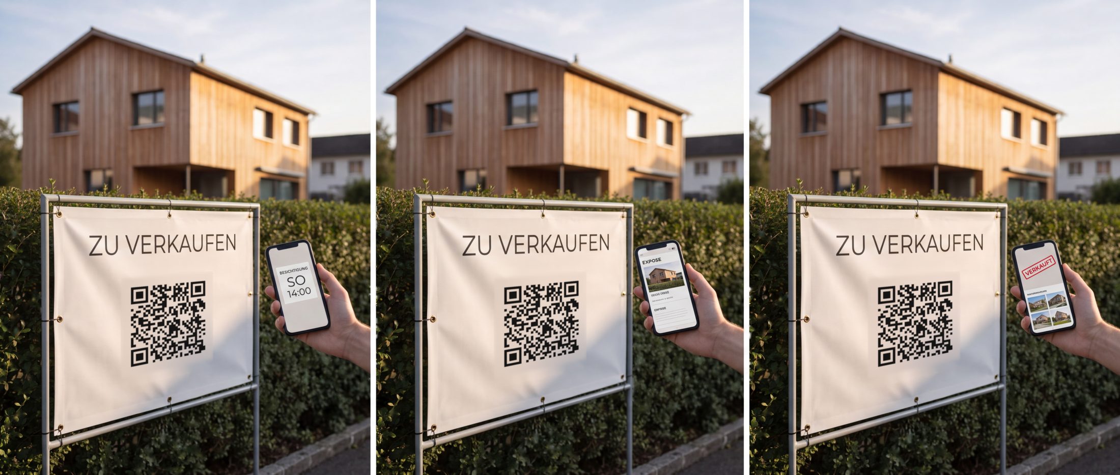 The same sales banner on the same fence three times — viewing date, listing, sold — carrying the identical code in all three.